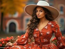 foto van emotioneel dynamisch houding Mexicaans vrouw in herfst ai generatief