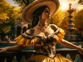 foto van emotioneel dynamisch houding Mexicaans vrouw in herfst ai generatief