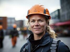 foto schot van een natuurlijk vrouw werken net zo een bouw arbeider ai generatief