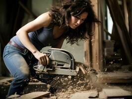 foto schot van een natuurlijk vrouw werken net zo een bouw arbeider ai generatief