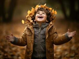 emotioneel dynamisch houding braziliaans kind in herfst ai generatief foto