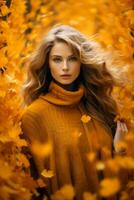 Europese vrouw in emotioneel dynamisch houding Aan herfst achtergrond ai generatief foto