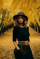 Europese vrouw in emotioneel dynamisch houding Aan herfst achtergrond ai generatief foto