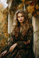 Europese vrouw in emotioneel dynamisch houding Aan herfst achtergrond ai generatief foto