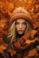 Europese vrouw in emotioneel dynamisch houding Aan herfst achtergrond ai generatief foto