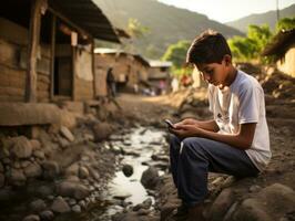 tiener van Colombia gebruik makend van een smartphone voor spelen spellen ai generatief foto