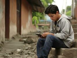 tiener van Colombia gebruik makend van een smartphone voor spelen spellen ai generatief foto