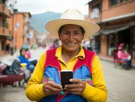 vrouw van Colombia gebruik makend van smartphone voor online communicatie ai generatief foto