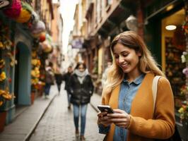 vrouw van Colombia gebruik makend van smartphone voor online communicatie ai generatief foto