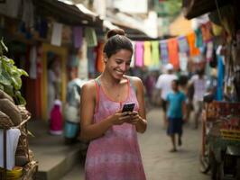 vrouw van Colombia gebruik makend van smartphone voor online communicatie ai generatief foto