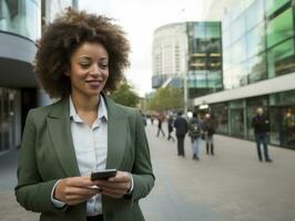 vrouw van Colombia gebruik makend van smartphone voor online communicatie ai generatief foto