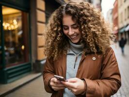 vrouw van Colombia gebruik makend van smartphone voor online communicatie ai generatief foto