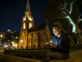 vrouw van Colombia gebruik makend van smartphone voor online communicatie ai generatief foto