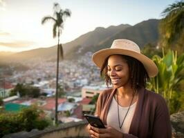 vrouw van Colombia gebruik makend van smartphone voor online communicatie ai generatief foto