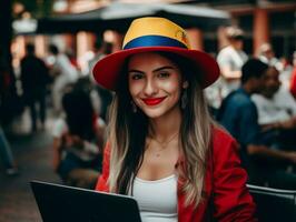 vrouw van Colombia werken Aan een laptop in een levendig stedelijk instelling ai generatief foto