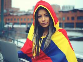 vrouw van Colombia werken Aan een laptop in een levendig stedelijk instelling ai generatief foto