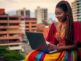 vrouw van Colombia werken Aan een laptop in een levendig stedelijk instelling ai generatief foto