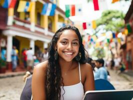 vrouw van Colombia werken Aan een laptop in een levendig stedelijk instelling ai generatief foto