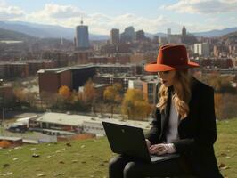 vrouw van Colombia werken Aan een laptop in een levendig stedelijk instelling ai generatief foto