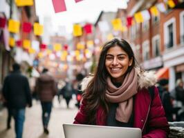 vrouw van Colombia werken Aan een laptop in een levendig stedelijk instelling ai generatief foto