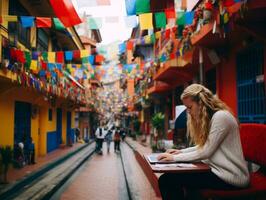 vrouw van Colombia werken Aan een laptop in een levendig stedelijk instelling ai generatief foto