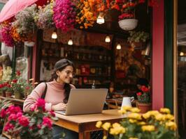 vrouw van Colombia werken Aan een laptop in een levendig stedelijk instelling ai generatief foto