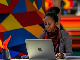 vrouw van Colombia werken Aan een laptop in een levendig stedelijk instelling ai generatief foto