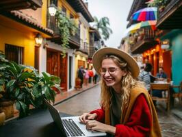 vrouw van Colombia werken Aan een laptop in een levendig stedelijk instelling ai generatief foto