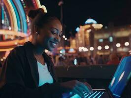 vrouw van Colombia werken Aan een laptop in een levendig stedelijk instelling ai generatief foto