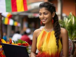 vrouw van Colombia werken Aan een laptop in een levendig stedelijk instelling ai generatief foto