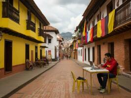 Colombiaanse Mens werken Aan een laptop in een levendig stedelijk instelling ai generatief foto