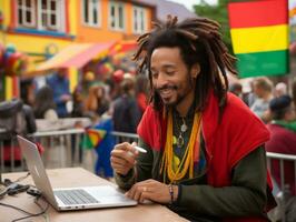 Colombiaanse Mens werken Aan een laptop in een levendig stedelijk instelling ai generatief foto