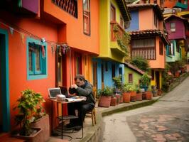 Colombiaanse Mens werken Aan een laptop in een levendig stedelijk instelling ai generatief foto