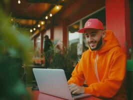 Colombiaanse Mens werken Aan een laptop in een levendig stedelijk instelling ai generatief foto