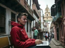 Colombiaanse tiener werken Aan een laptop in een levendig stedelijk instelling ai generatief foto