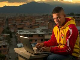 Colombiaanse tiener werken Aan een laptop in een levendig stedelijk instelling ai generatief foto