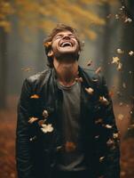 Europese Mens in emotioneel dynamisch houding Aan herfst achtergrond ai generatief foto