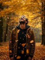 Europese Mens in emotioneel dynamisch houding Aan herfst achtergrond ai generatief foto