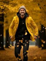 Europese Mens in emotioneel dynamisch houding Aan herfst achtergrond ai generatief foto