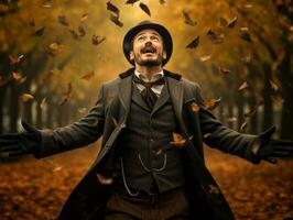 Europese Mens in emotioneel dynamisch houding Aan herfst achtergrond ai generatief foto