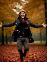 Europese Mens in emotioneel dynamisch houding Aan herfst achtergrond ai generatief foto