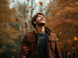 Europese Mens in emotioneel dynamisch houding Aan herfst achtergrond ai generatief foto