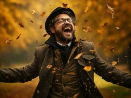 Europese Mens in emotioneel dynamisch houding Aan herfst achtergrond ai generatief foto