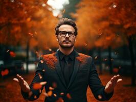 Europese Mens in emotioneel dynamisch houding Aan herfst achtergrond ai generatief foto