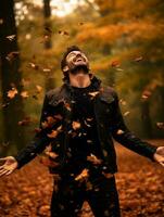 Europese Mens in emotioneel dynamisch houding Aan herfst achtergrond ai generatief foto