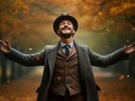 Europese Mens in emotioneel dynamisch houding Aan herfst achtergrond ai generatief foto