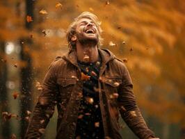 Europese Mens in emotioneel dynamisch houding Aan herfst achtergrond ai generatief foto