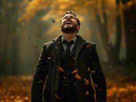 Europese Mens in emotioneel dynamisch houding Aan herfst achtergrond ai generatief foto