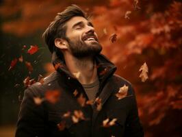 Europese Mens in emotioneel dynamisch houding Aan herfst achtergrond ai generatief foto