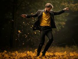 Europese Mens in emotioneel dynamisch houding Aan herfst achtergrond ai generatief foto